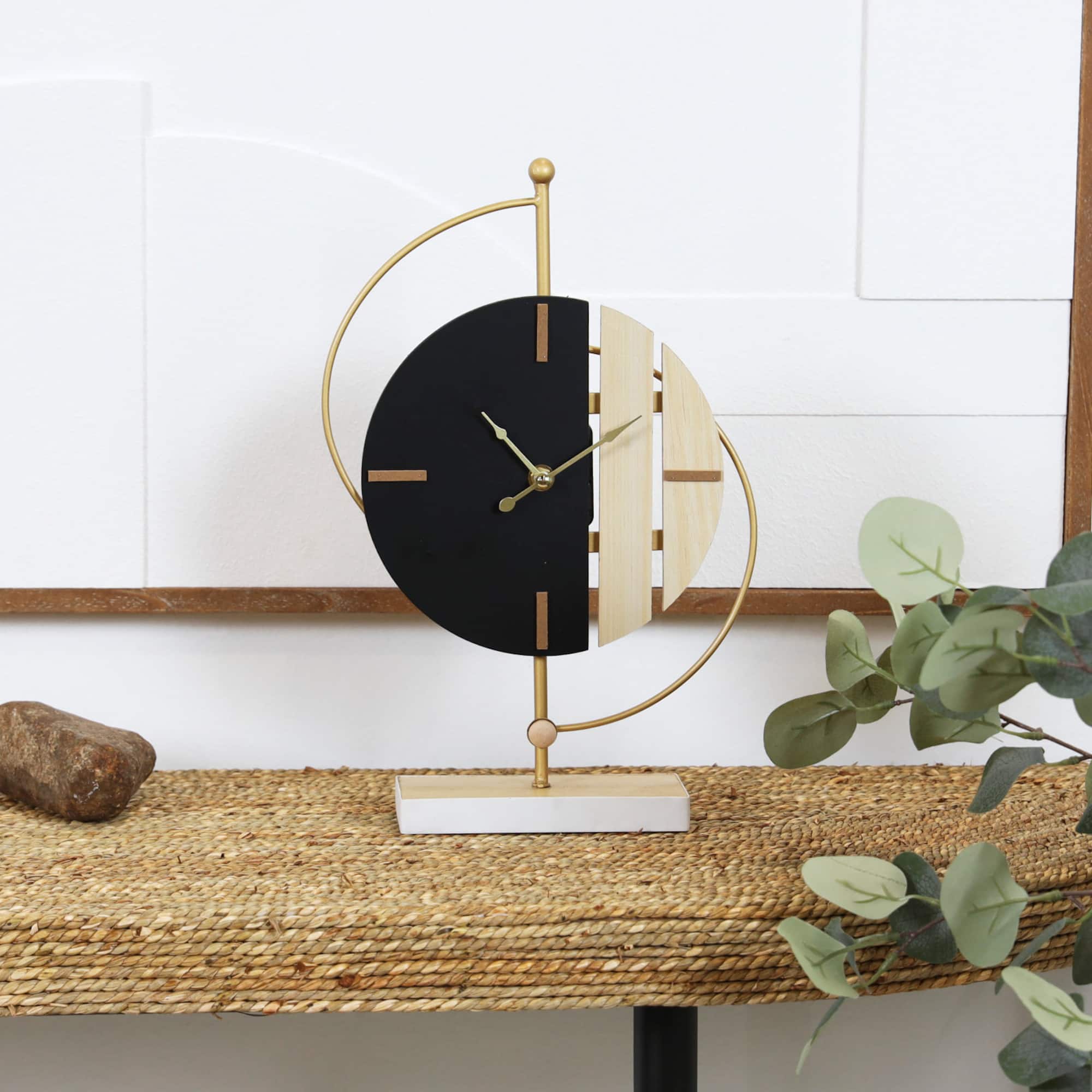 CosmoLiving by Cosmopolitan 14" Black Wooden Geometric Two-Toned Clock with Wood Accents & Gold Semicircle Frame